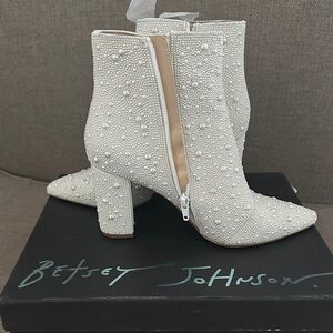 Betsey Johnson White Ankle Booties with Pearl Embellishments